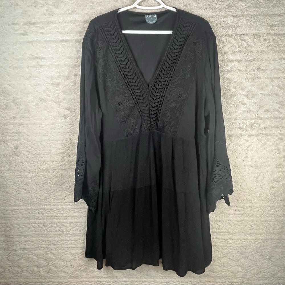 ARULA Black Boho Goth Dress 2X Embroidered Gauzy Bell Sleeves